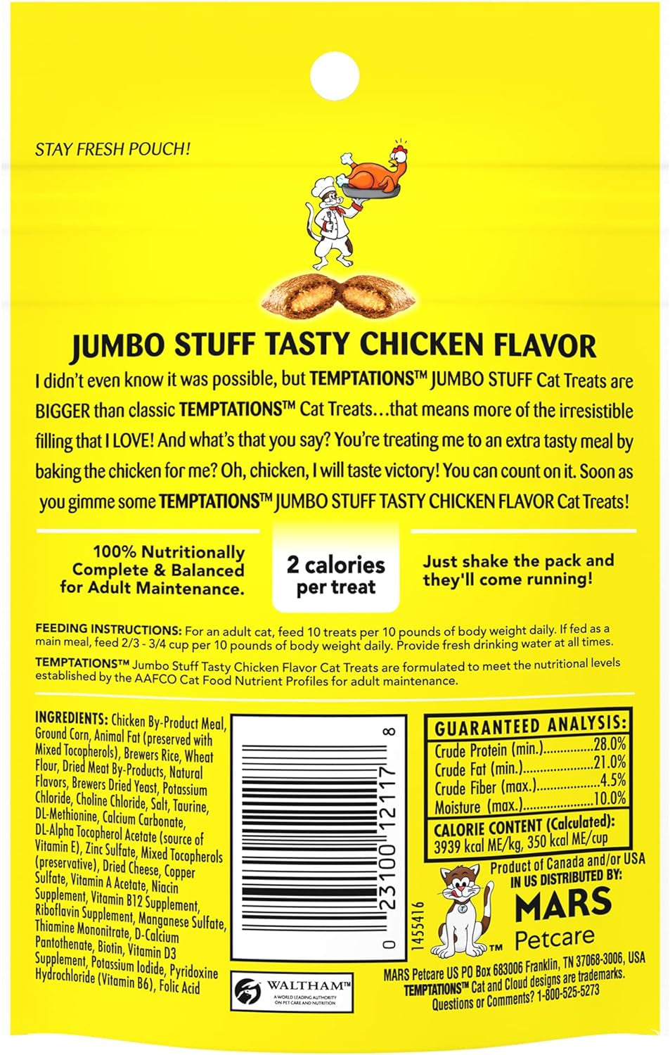 Indulge Your Cat with Jumbo Stuffed Chicken Flavor Treats - Crunchy Outside, Soft Inside, 2.5 oz Pouch (Pack of 12)