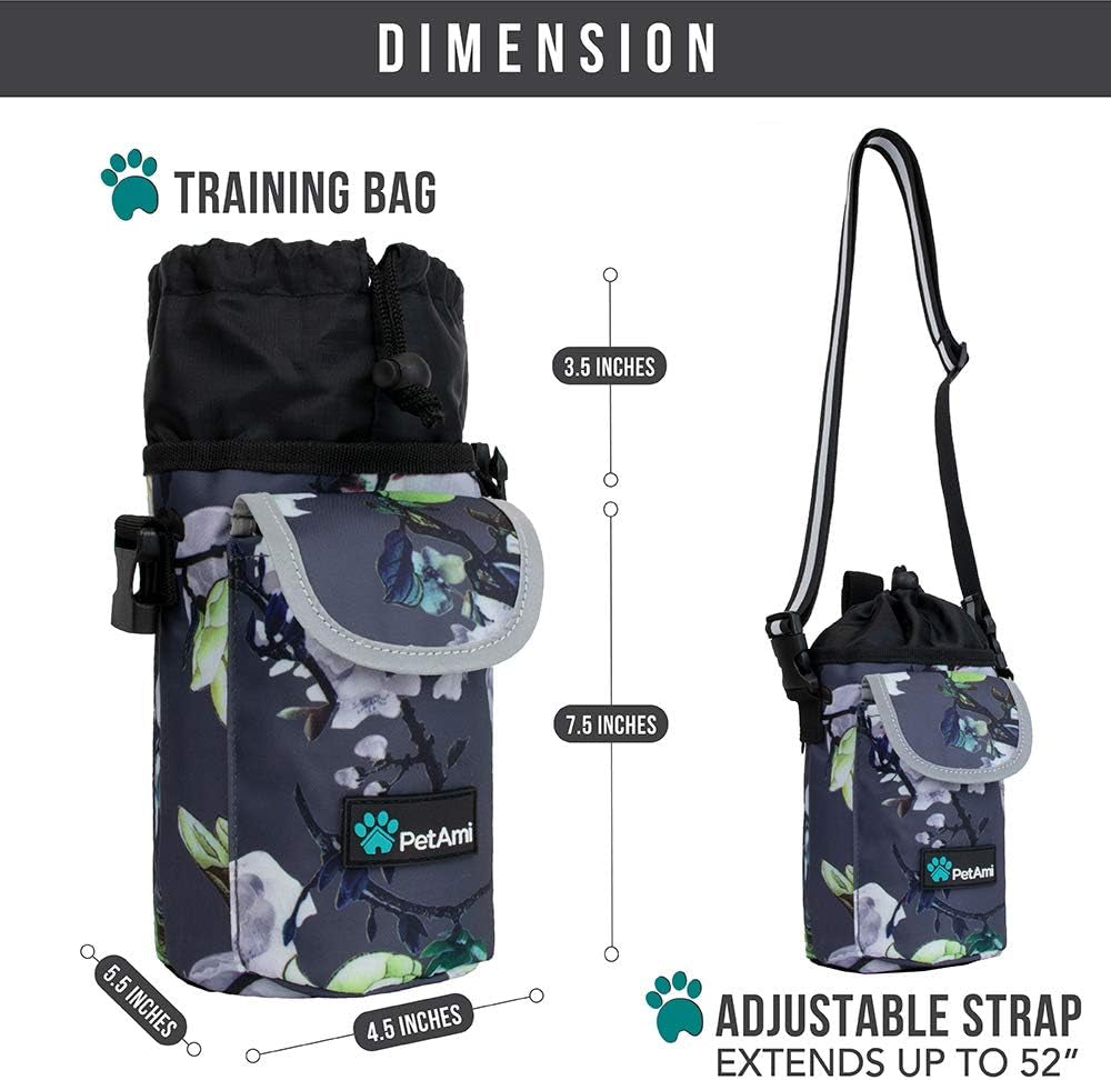 Dog Treat Pouch, Large Dog Training Treat Bag with Adjustable Waist Belt, Built-In Poop Bag Dispenser & Multiple Storage Pockets, Hands-Free Dog Walking & Training Accessory (Floral Grey)
