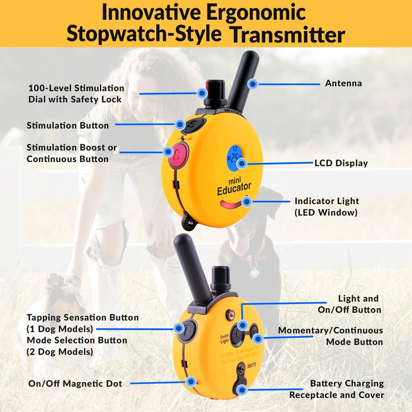 1/2 Mile Remote Dog Training System plus E-Collar 101 Training DVD, Safe Humane Stimulation, Pavlovian Tone, Waterproof, Odorproof Biothane Collar, Night Light, Rechargeable, 1 Dog, Yellow