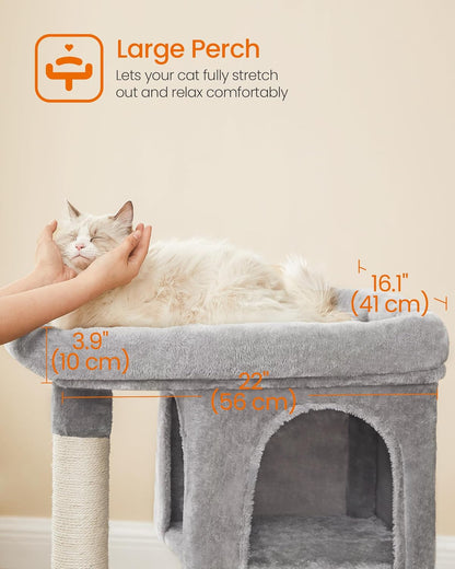 Deluxe 33.1-Inch Cat Tree Tower for Large Cats - Plush Condo with Spacious Perch, Dual Caves & Scratching Post in Light Gray