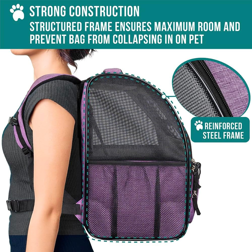 Ventilated Dog and Cat Backpack Carrier for Travel, Hiking, and Camping - Airline Approved for Pets up to 18 lbs, Purple