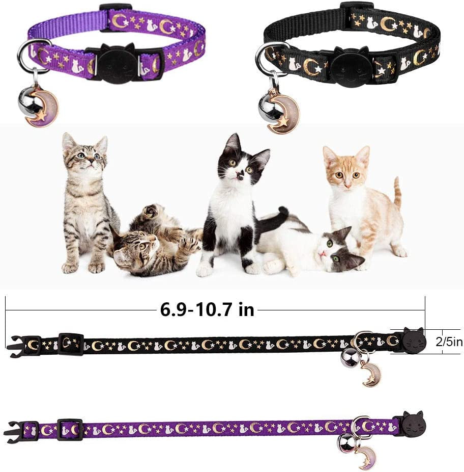 Stylish 2-Piece Adjustable Breakaway Cat Collars with Glow-in-the-Dark Moons and Stars - Perfect for Your Feline Friend!