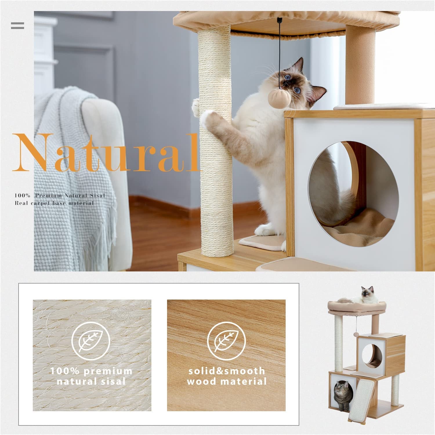 Elegant 35-Inch Walnut Cat Tree with Double Condos, Spacious Perch, and Durable Sisal Scratching Posts