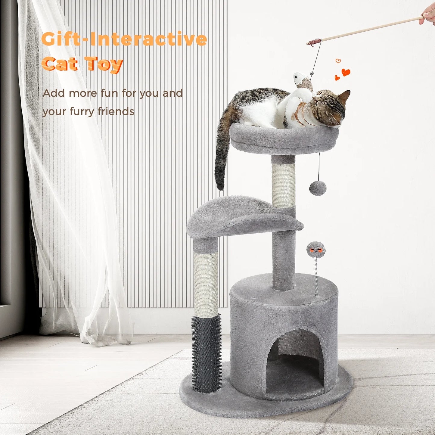 Deluxe 32.7" Gray Cat Tree - Cozy Condo & Scratching Posts with Self-Grooming Toy for Kittens