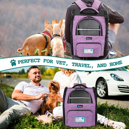 Ventilated Dog and Cat Backpack Carrier for Travel, Hiking, and Camping - Airline Approved for Pets up to 18 lbs, Purple