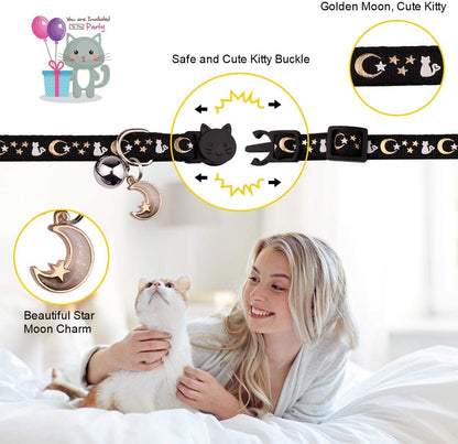 Stylish 2-Piece Adjustable Breakaway Cat Collars with Glow-in-the-Dark Moons and Stars - Perfect for Your Feline Friend!