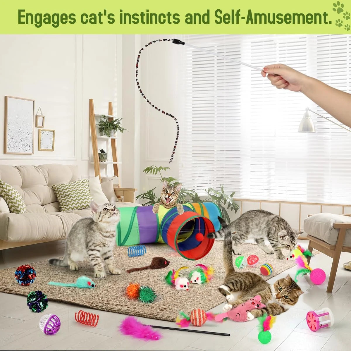 Ultimate 32-Piece Cat Toy Set with Rainbow Tunnel, Feather Teasers, Crinkle Balls & Spring Toys for Endless Fun!