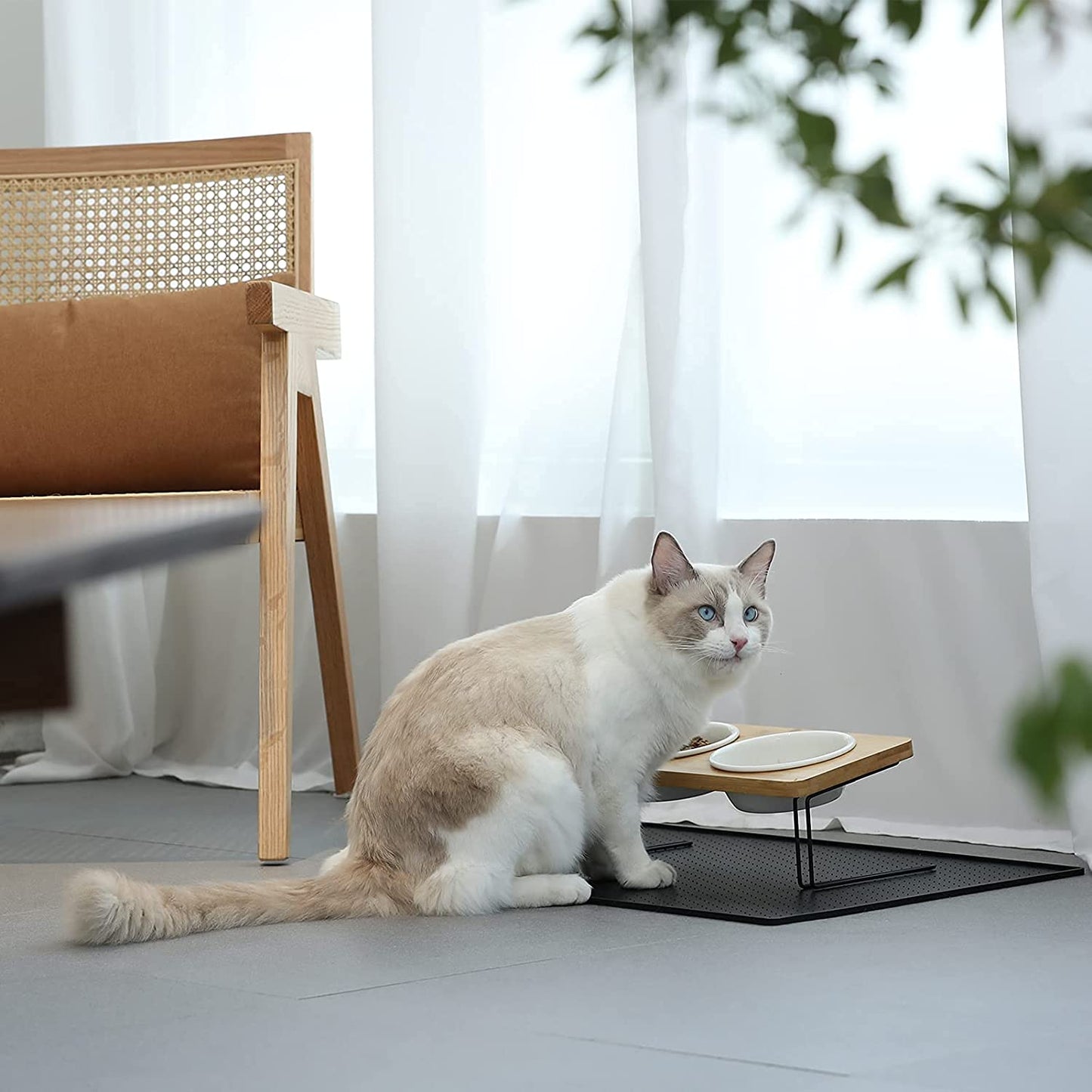Elevated Tilted Ceramic Cat Bowls with Bamboo Stand - Perfect Feeder Set for Cats and Small Dogs