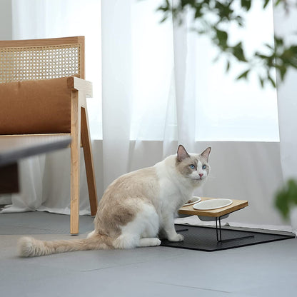 Elevated Tilted Ceramic Cat Bowls with Bamboo Stand - Perfect Feeder Set for Cats and Small Dogs