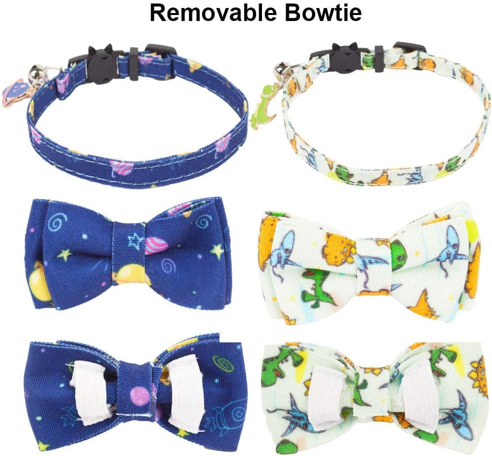 Stylish Breakaway Cat Collar Set with Removable Dinosaur Bow Tie and Bell - Perfect for Kittens and Cats (Adjustable 7.5" - 10.5")