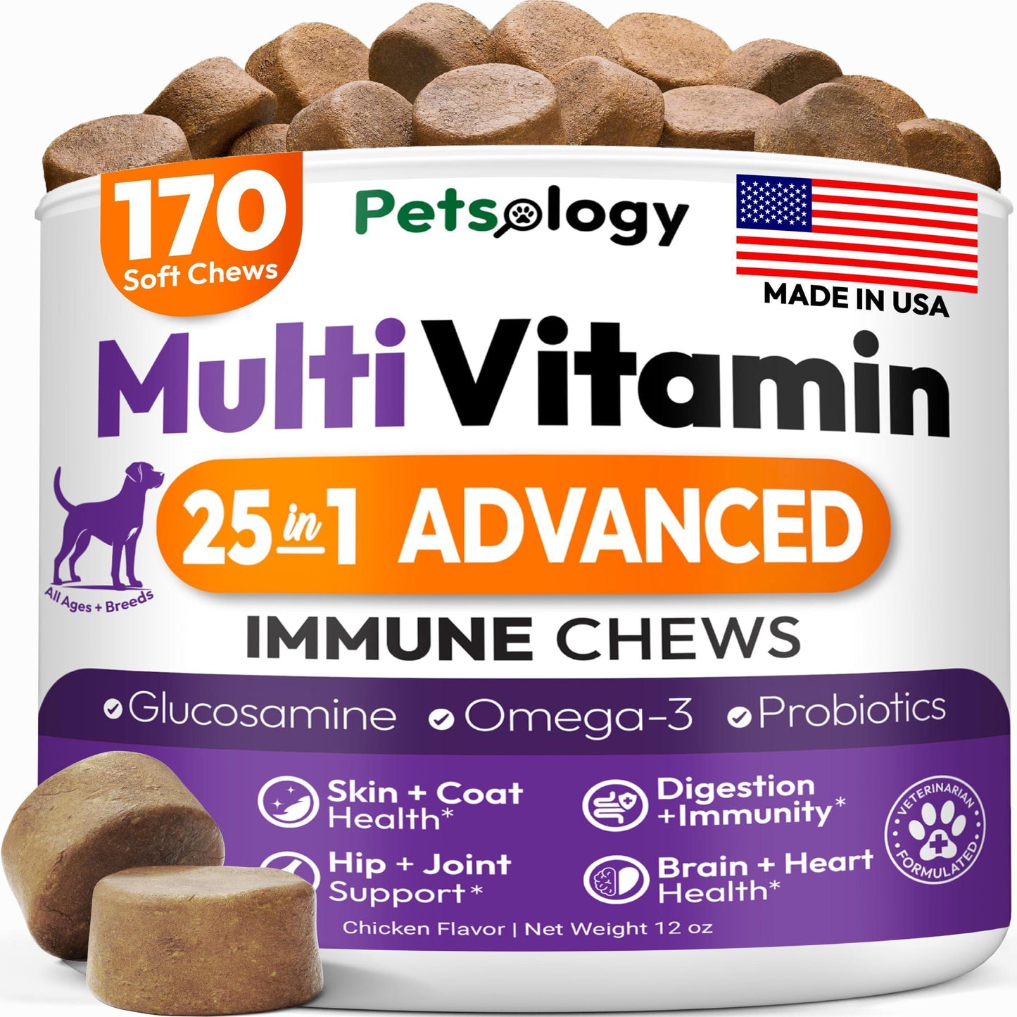 25-in-1 Dog Multivitamin Chewable Supplements with Glucosamine - 170 Chews
