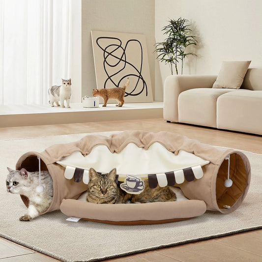 Cozy 2-in-1 Cat Tunnel Bed with Collapsible Washable Mat - Perfect for Indoor Cats in Stylish Coffee Color