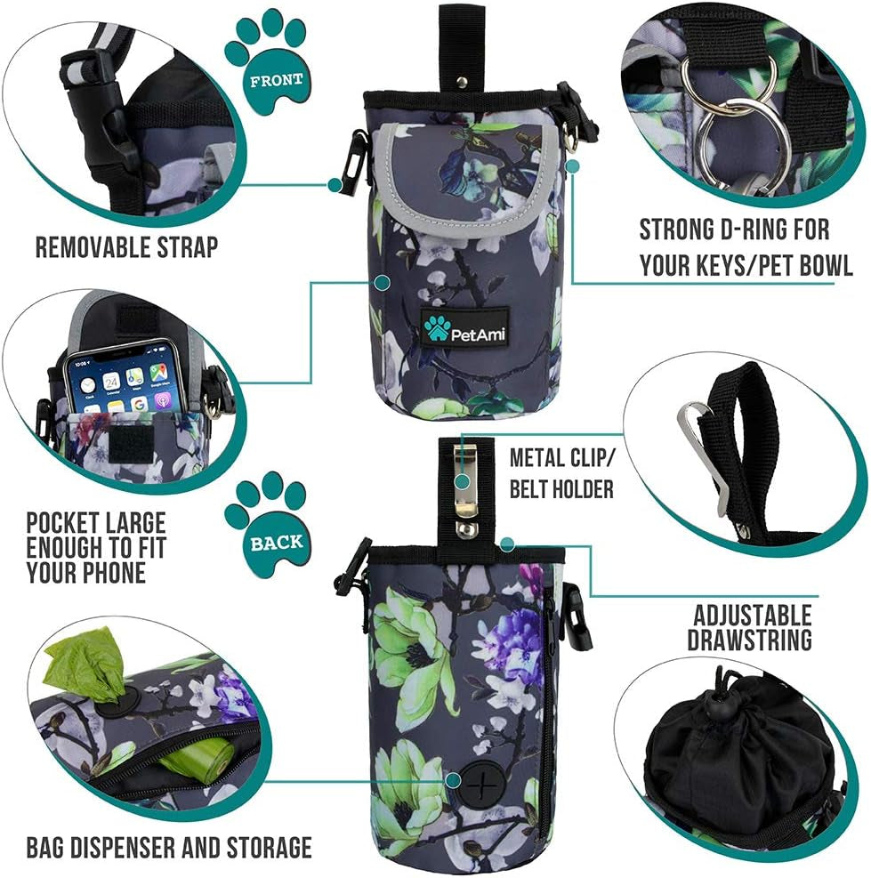 Dog Treat Pouch, Large Dog Training Treat Bag with Adjustable Waist Belt, Built-In Poop Bag Dispenser & Multiple Storage Pockets, Hands-Free Dog Walking & Training Accessory (Floral Grey)