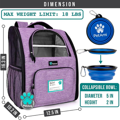Ventilated Dog and Cat Backpack Carrier for Travel, Hiking, and Camping - Airline Approved for Pets up to 18 lbs, Purple