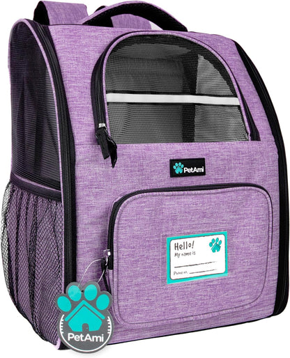 Ventilated Dog and Cat Backpack Carrier for Travel, Hiking, and Camping - Airline Approved for Pets up to 18 lbs, Purple