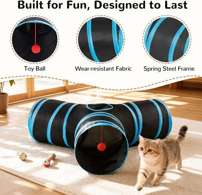 Pet Cat Tunnel Tube Cat Toys 3 Way Collapsible, Tunnels for Indoor Cats，Kitty Bored Peek Hole Toy Ball Cat, Puppy, Kitty, Kitten, Rabbit