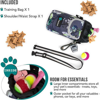Dog Treat Pouch, Large Dog Training Treat Bag with Adjustable Waist Belt, Built-In Poop Bag Dispenser & Multiple Storage Pockets, Hands-Free Dog Walking & Training Accessory (Floral Grey)