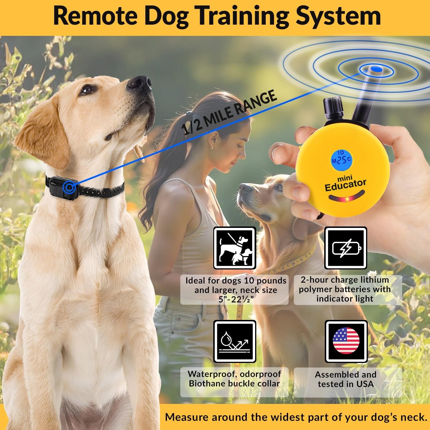 1/2 Mile Remote Dog Training System plus E-Collar 101 Training DVD, Safe Humane Stimulation, Pavlovian Tone, Waterproof, Odorproof Biothane Collar, Night Light, Rechargeable, 1 Dog, Yellow