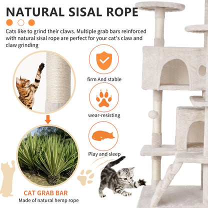 Deluxe 54-Inch Double Condo Cat Tree Tower with Scratching Post & Perch - Cozy Beige Playhouse for Indoor Cats