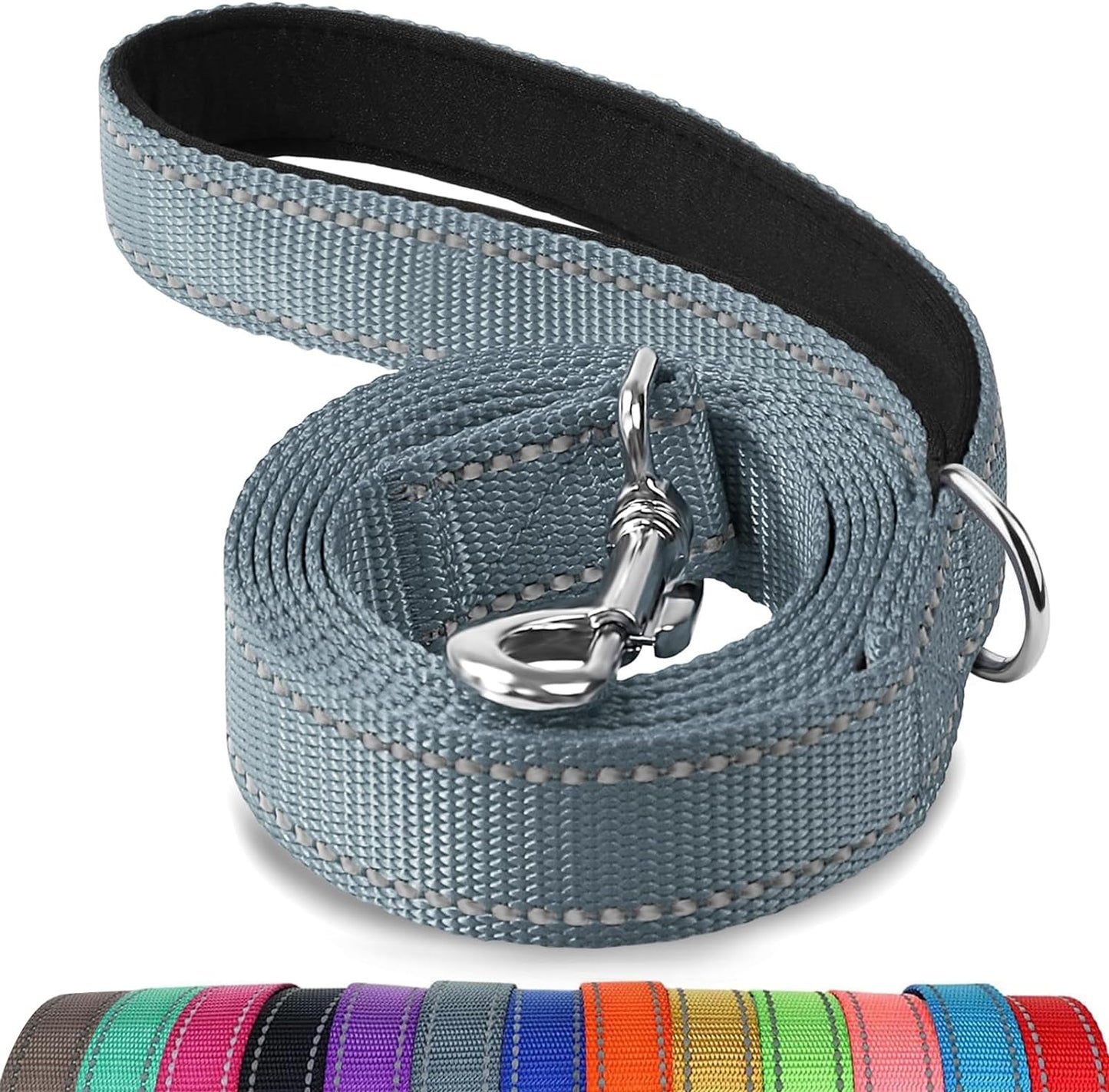 Reflective Double-Sided Dog Leash - 5FT Heavy Duty Nylon with Padded Handle for Small to Medium Dogs - Stylish Gray Design