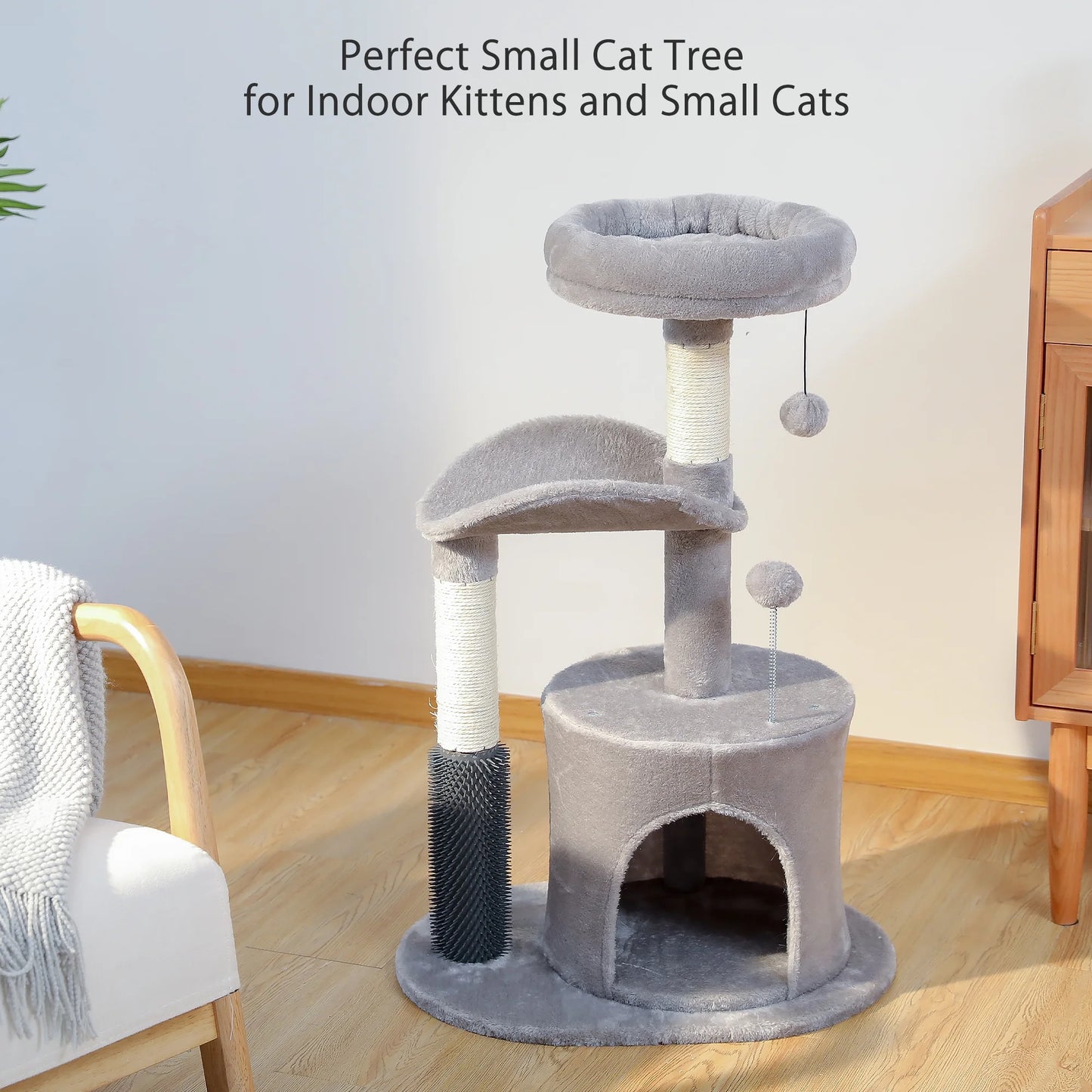 Deluxe 32.7" Gray Cat Tree - Cozy Condo & Scratching Posts with Self-Grooming Toy for Kittens