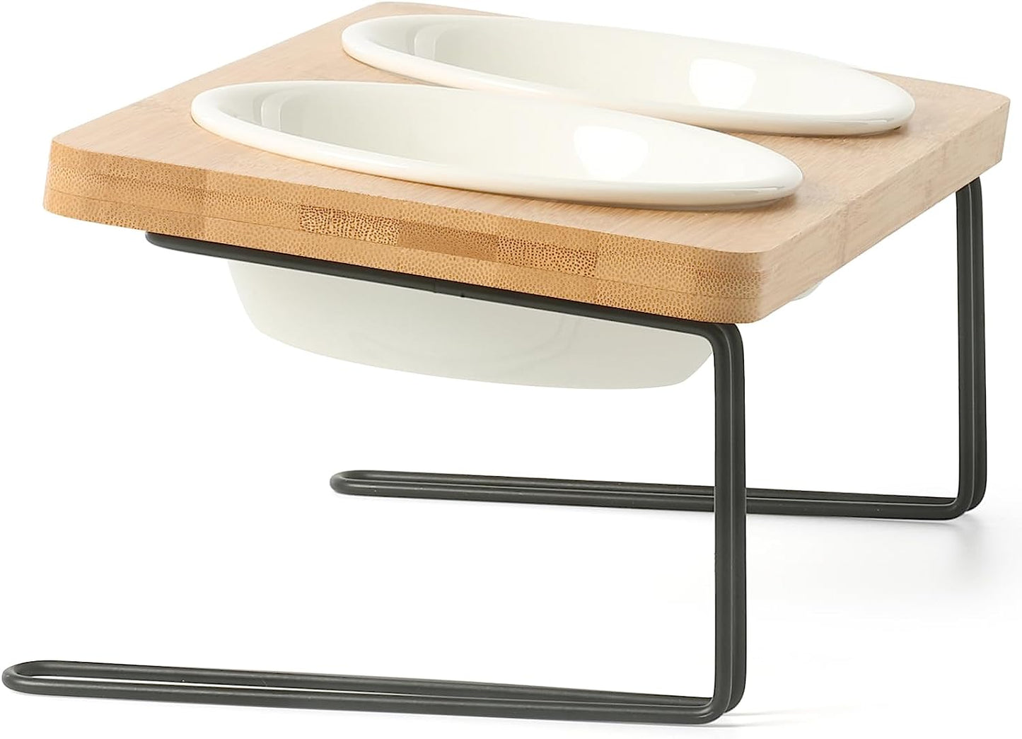 Elevated Tilted Ceramic Cat Bowls with Bamboo Stand - Perfect Feeder Set for Cats and Small Dogs