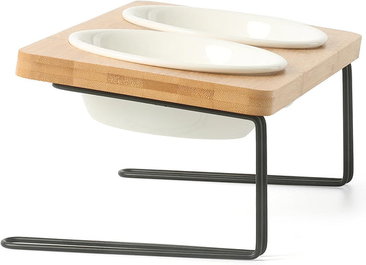 Elevated Tilted Ceramic Cat Bowls with Bamboo Stand - Perfect Feeder Set for Cats and Small Dogs