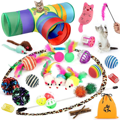 Ultimate 32-Piece Cat Toy Set with Rainbow Tunnel, Feather Teasers, Crinkle Balls & Spring Toys for Endless Fun!