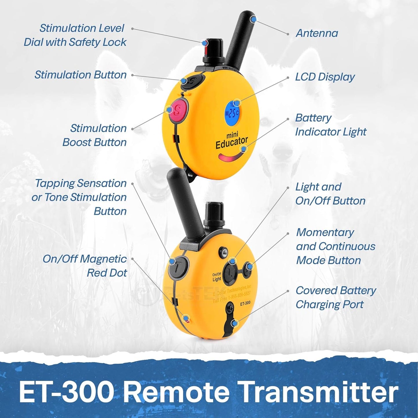 ET-300 Mini E Collar for Dog Training with Remote - 1/2 Mile Range, Waterproof, 100 Blunt Stimulation Levels, Tone or Vibration Mode, Night Light Tracking for Small, Medium & Large Dogs