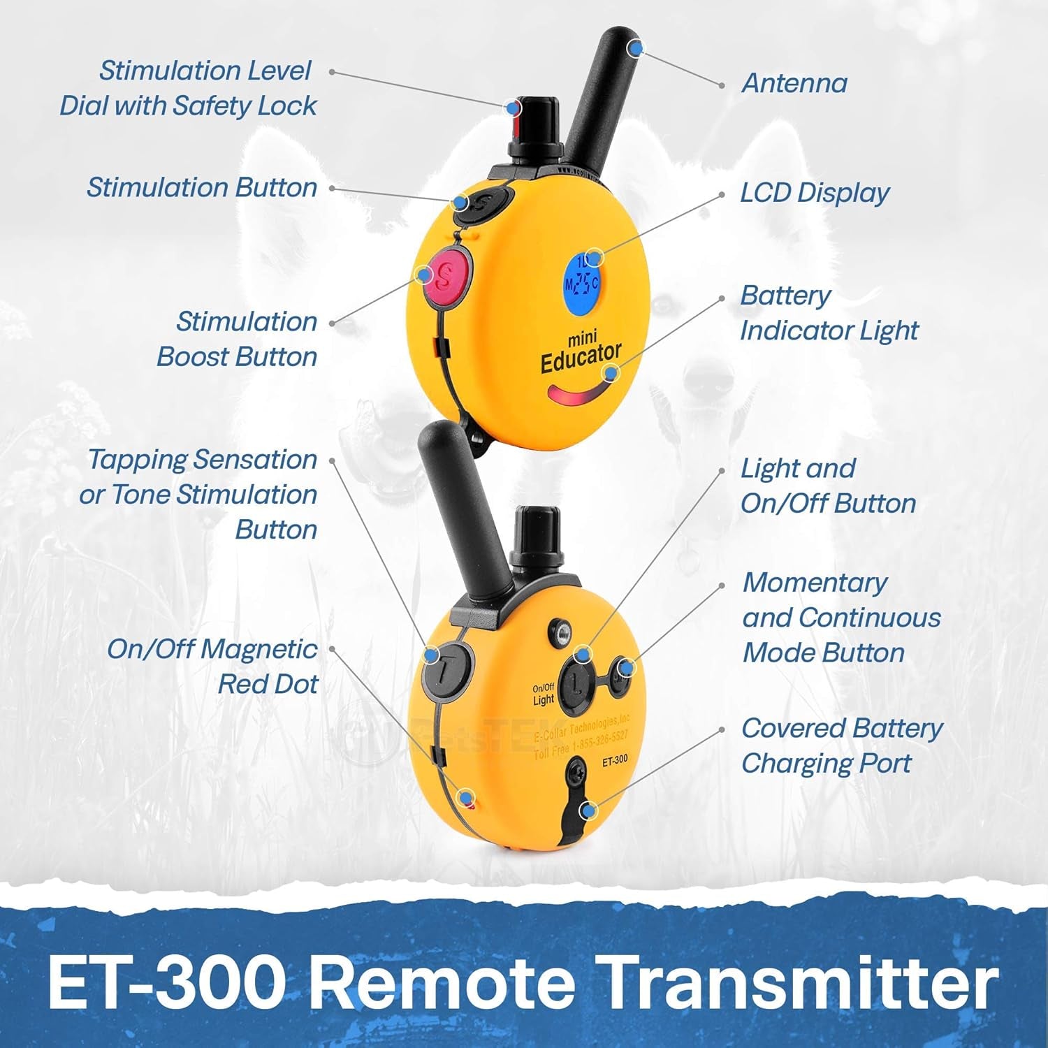 ET-300 Mini E Collar for Dog Training with Remote - 1/2 Mile Range, Waterproof, 100 Blunt Stimulation Levels, Tone or Vibration Mode, Night Light Tracking for Small, Medium & Large Dogs