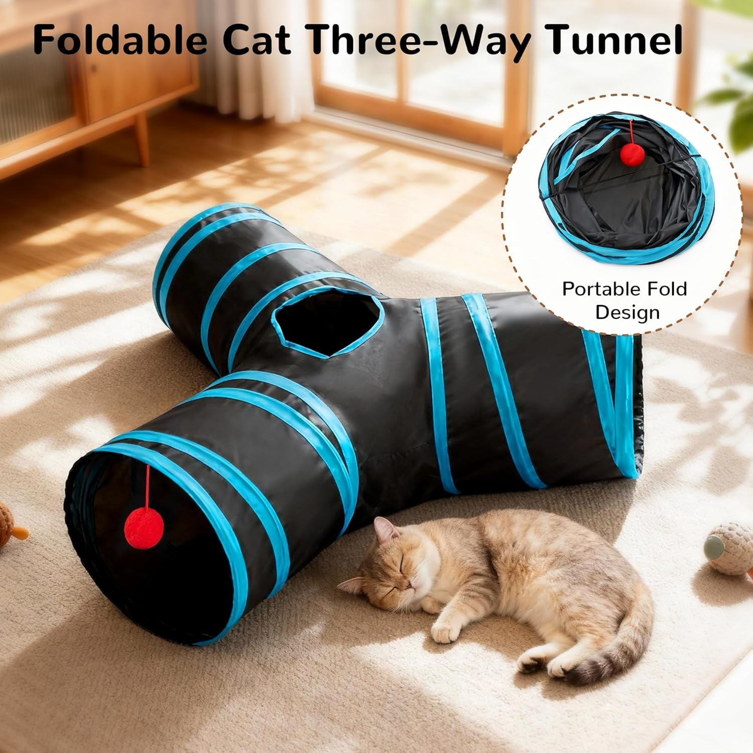 Pet Cat Tunnel Tube Cat Toys 3 Way Collapsible, Tunnels for Indoor Cats，Kitty Bored Peek Hole Toy Ball Cat, Puppy, Kitty, Kitten, Rabbit