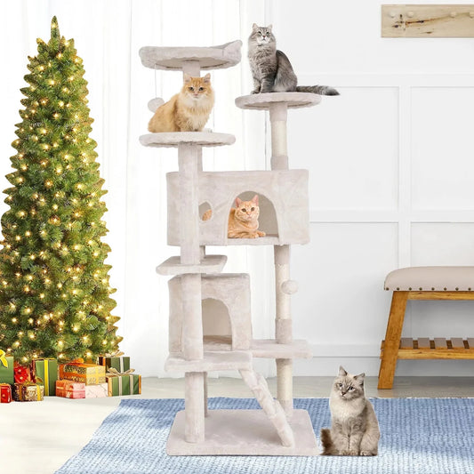 Deluxe 54-Inch Double Condo Cat Tree Tower with Scratching Post & Perch - Cozy Beige Playhouse for Indoor Cats
