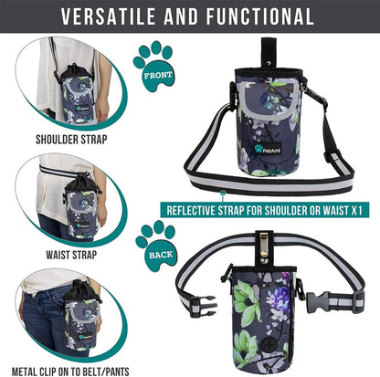 Dog Treat Pouch, Large Dog Training Treat Bag with Adjustable Waist Belt, Built-In Poop Bag Dispenser & Multiple Storage Pockets, Hands-Free Dog Walking & Training Accessory (Floral Grey)