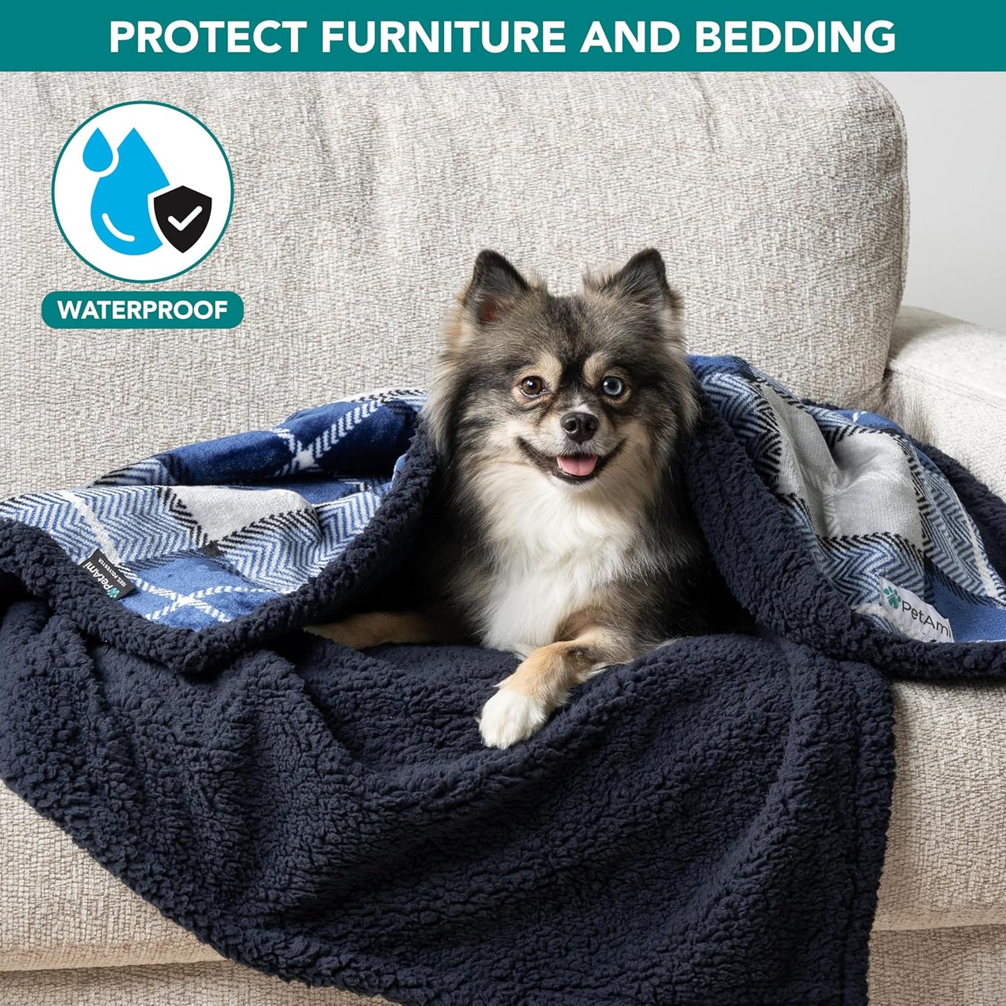 Waterproof Dog Blanket for Small Medium Dog Puppy Cat Throw for Couch Cover Leakproof Protection, Sherpa Fleece, Reversible Soft Washable 29X40 Plaid Navy Blue