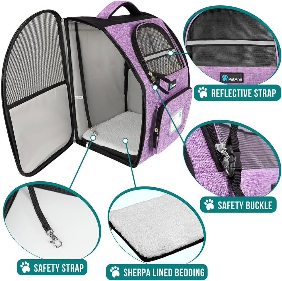 Ventilated Dog and Cat Backpack Carrier for Travel, Hiking, and Camping - Airline Approved for Pets up to 18 lbs, Purple