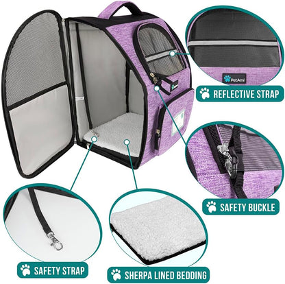 Ventilated Dog and Cat Backpack Carrier for Travel, Hiking, and Camping - Airline Approved for Pets up to 18 lbs, Purple