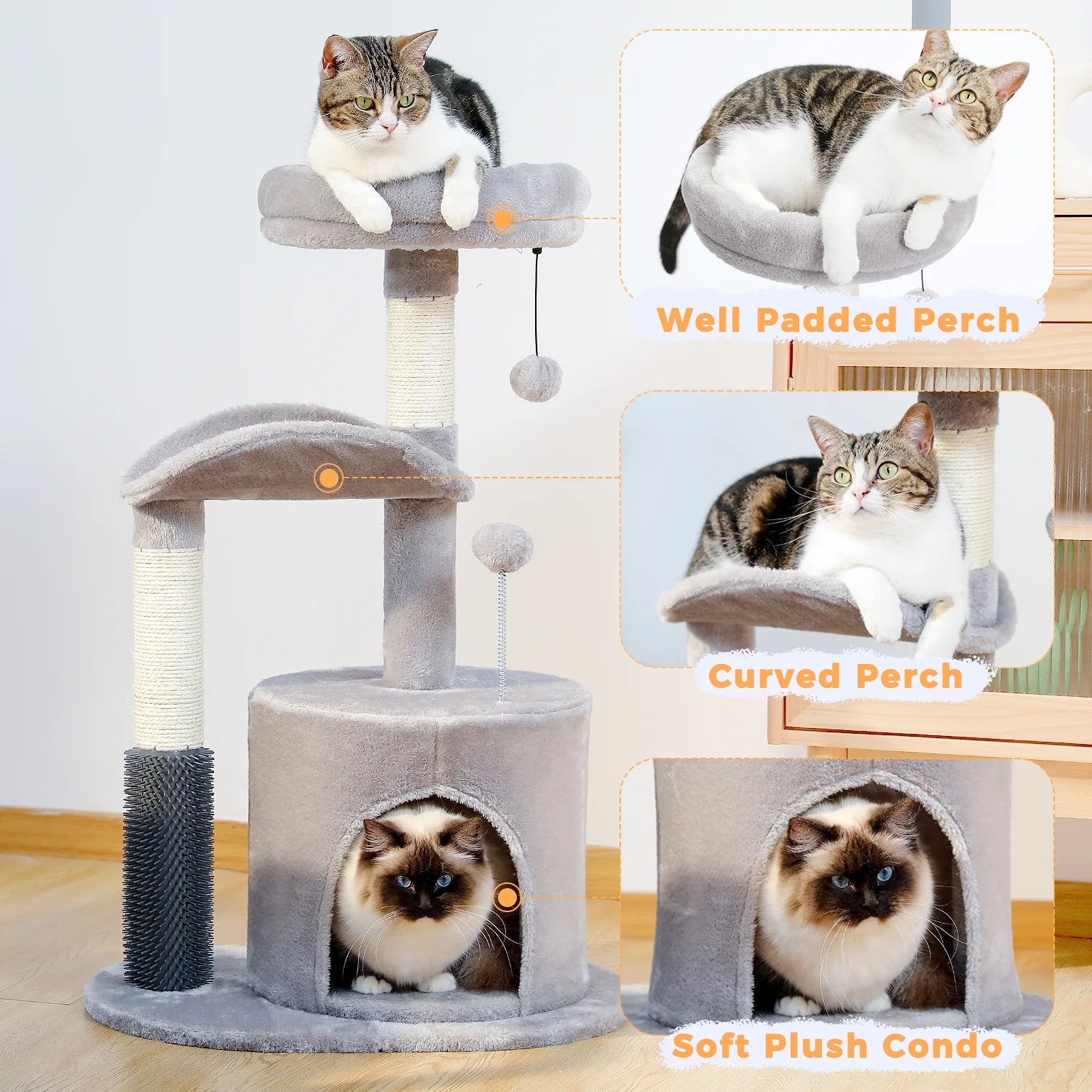 Deluxe 32.7" Gray Cat Tree - Cozy Condo & Scratching Posts with Self-Grooming Toy for Kittens
