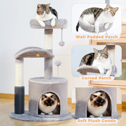 Deluxe 32.7" Gray Cat Tree - Cozy Condo & Scratching Posts with Self-Grooming Toy for Kittens