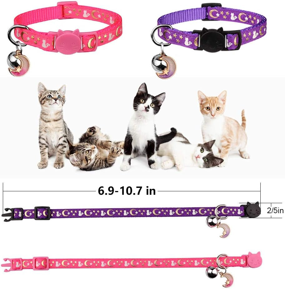 Charming 2-Pack Adjustable Cat Collars with Glow-in-the-Dark Moons and Stars Design - Perfect for Small Breeds!