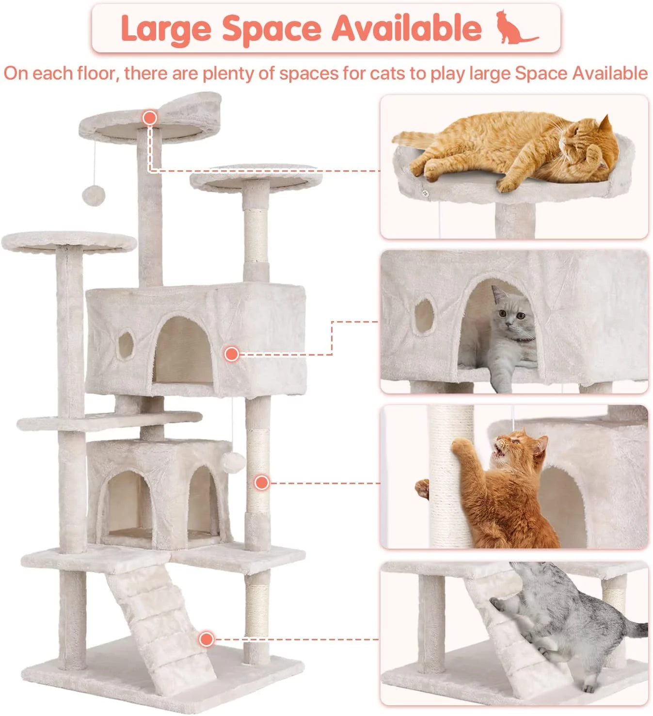 Deluxe 54-Inch Double Condo Cat Tree Tower with Scratching Post & Perch - Cozy Beige Playhouse for Indoor Cats