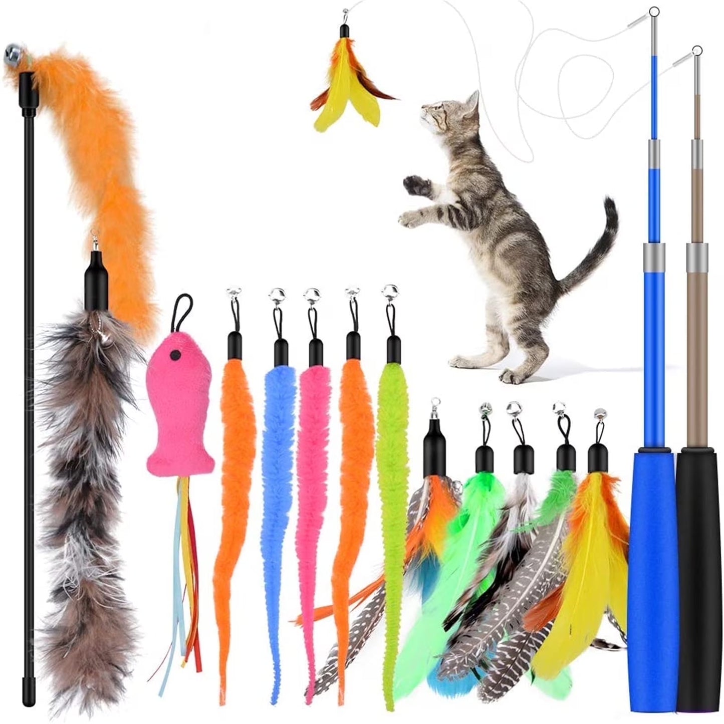 Ultimate Cat Feather Toy Set: 13PCS Teaser Refills with Bells & 2PCS Retractable Wands for Endless Fun!